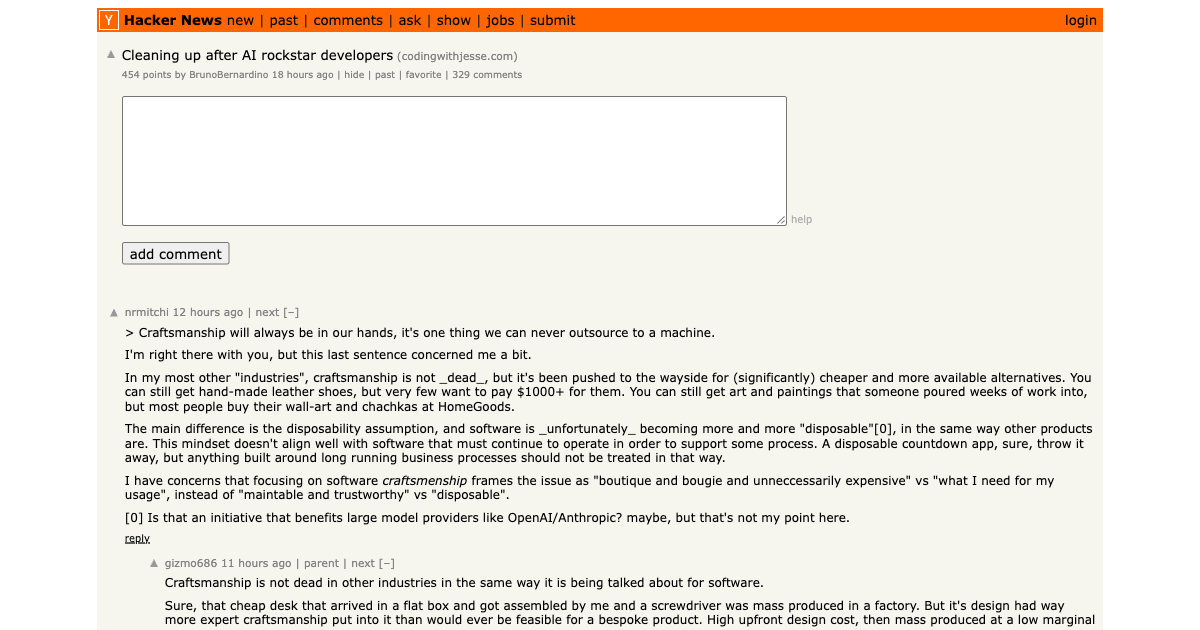 Hacker News thread — Cleaning Up After AI Rockstar Developers, 264+ comments, June 2026
