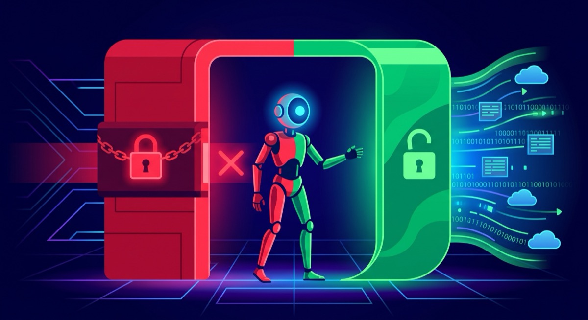 Editorial illustration of an AI agent at a fork between a blocked red access gate and an open green authorized gateway