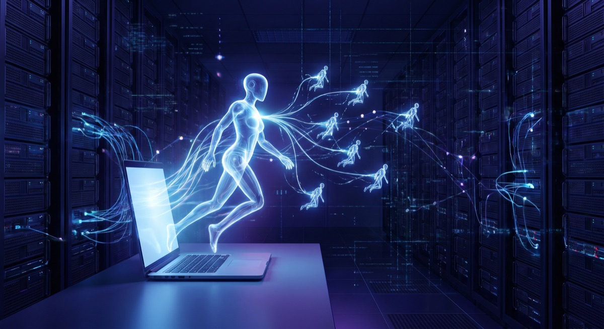 An AI agent stepping from a laptop into cloud infrastructure — representing the shift from local to managed cloud agent execution