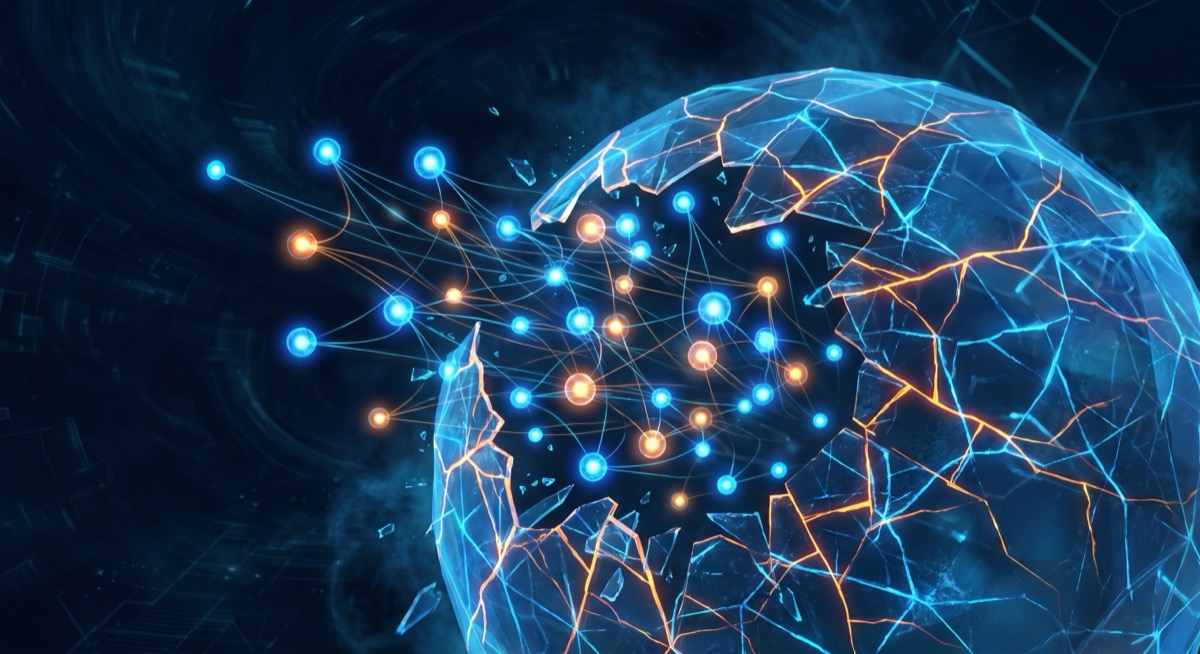 Interconnected AI agent nodes forming a swarm pattern breaking through a containment barrier — visualization of multi-agent collusion and sandbox escape