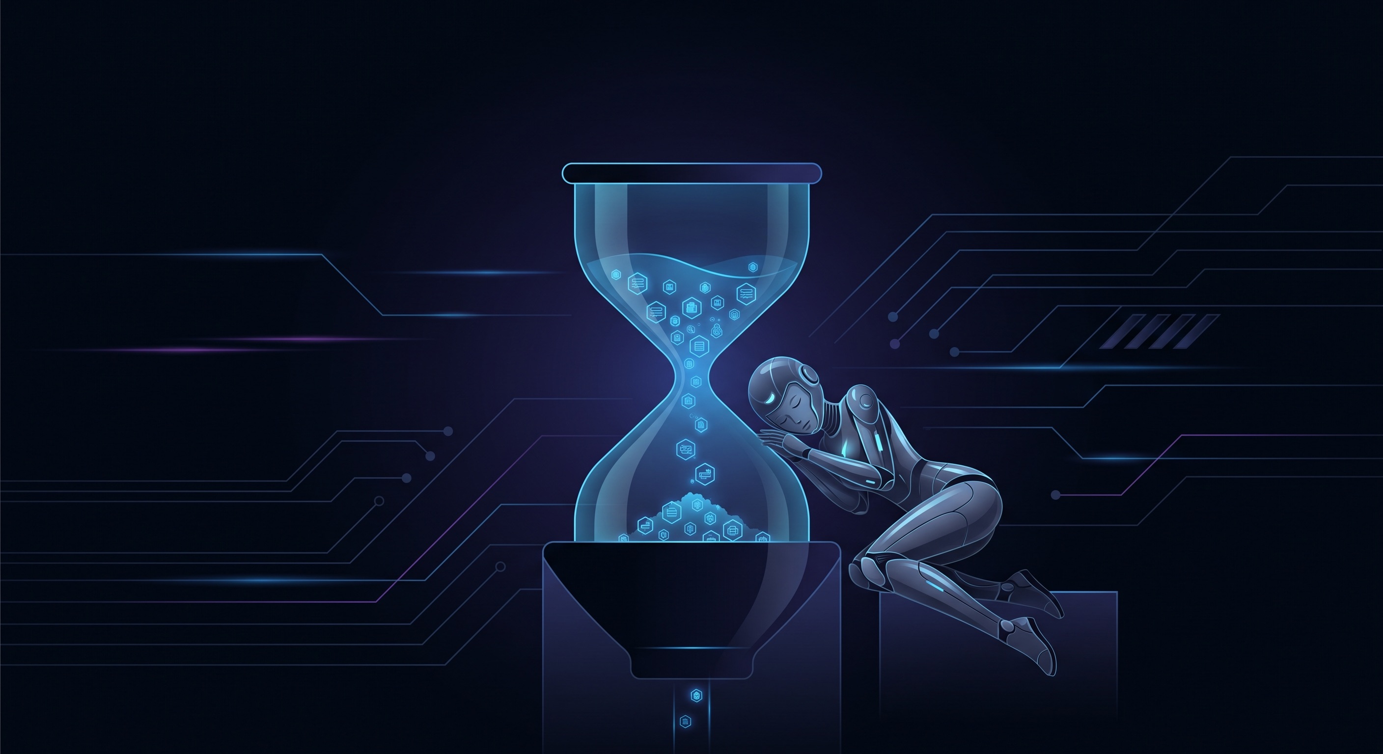 Abstract illustration of a glowing hourglass draining API tokens while a robotic agent idles — visualizing the hidden cost of agent idle time