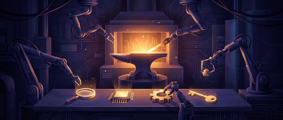 Digital forge with robotic arms reaching for glowing tools — representing agent infrastructure as the new competitive moat