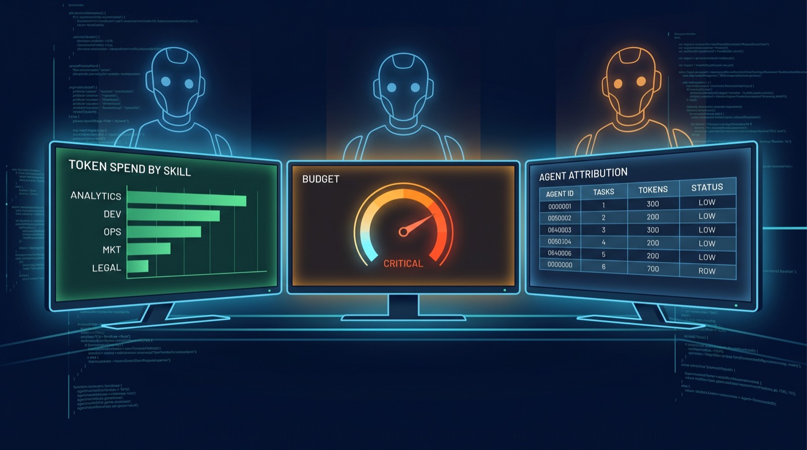Three dashboards showing token-spend, budget-overrun, and per-agent attribution in a control-room layout