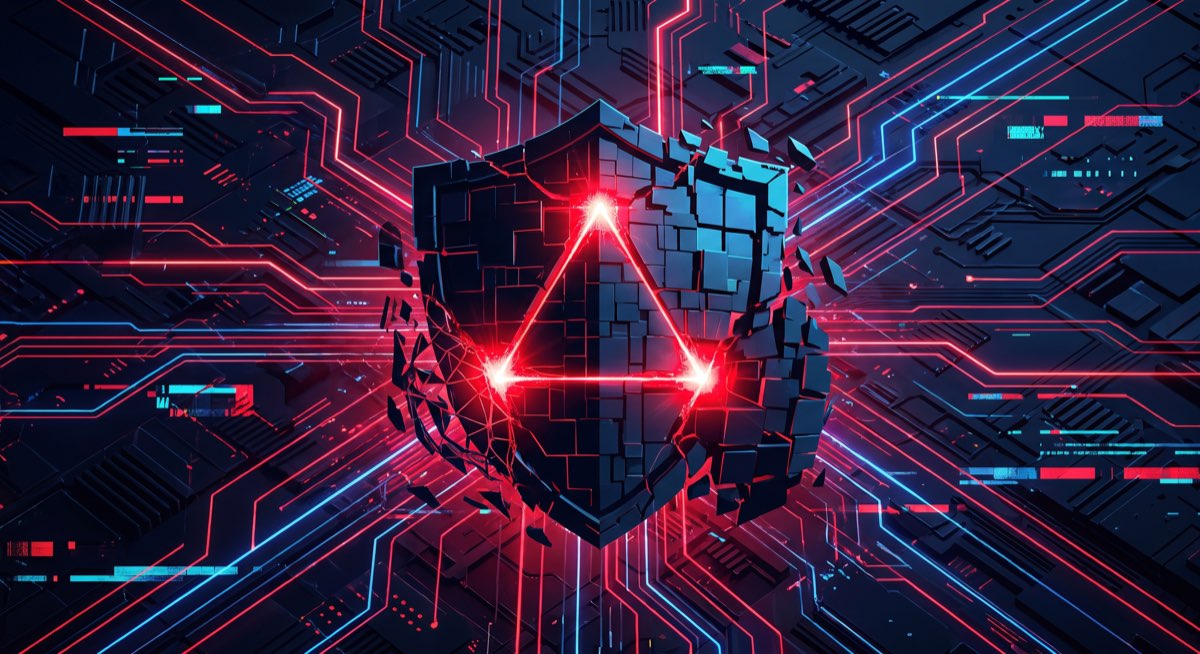 Dark digital fortress with three glowing breach points forming a triangle — representing the lethal trifecta of AI agent security vulnerabilities