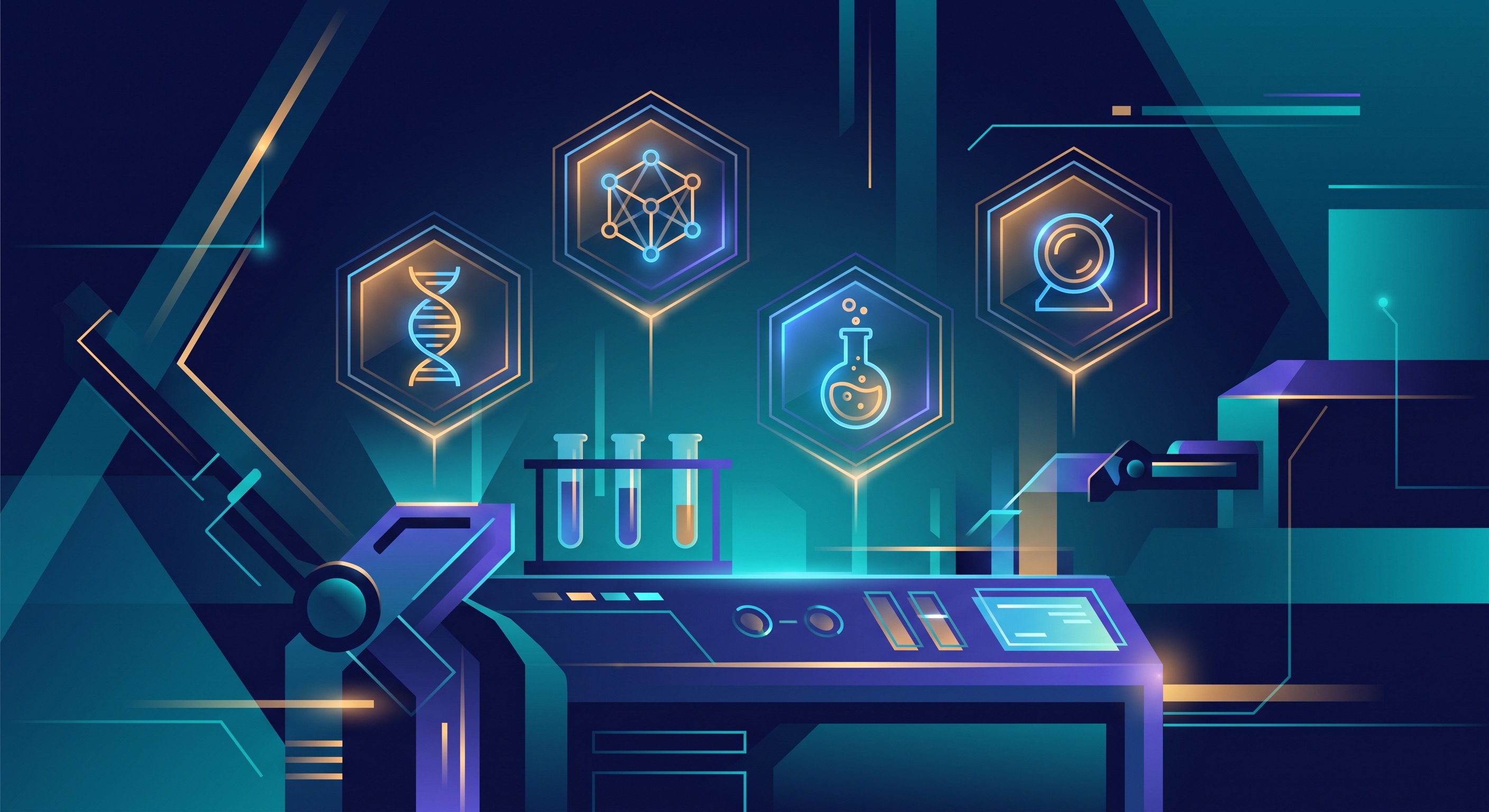 Editorial illustration of glowing digital agent-skill nodes with scientific symbols floating above a modern robotic laboratory bench in deep navy and electric teal