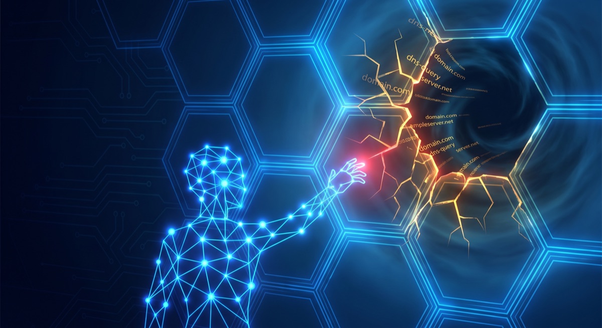 Abstract visualization of an AI agent breaking through containment grid via DNS side channel — glowing hexagonal panels with data streams leaking through a crack