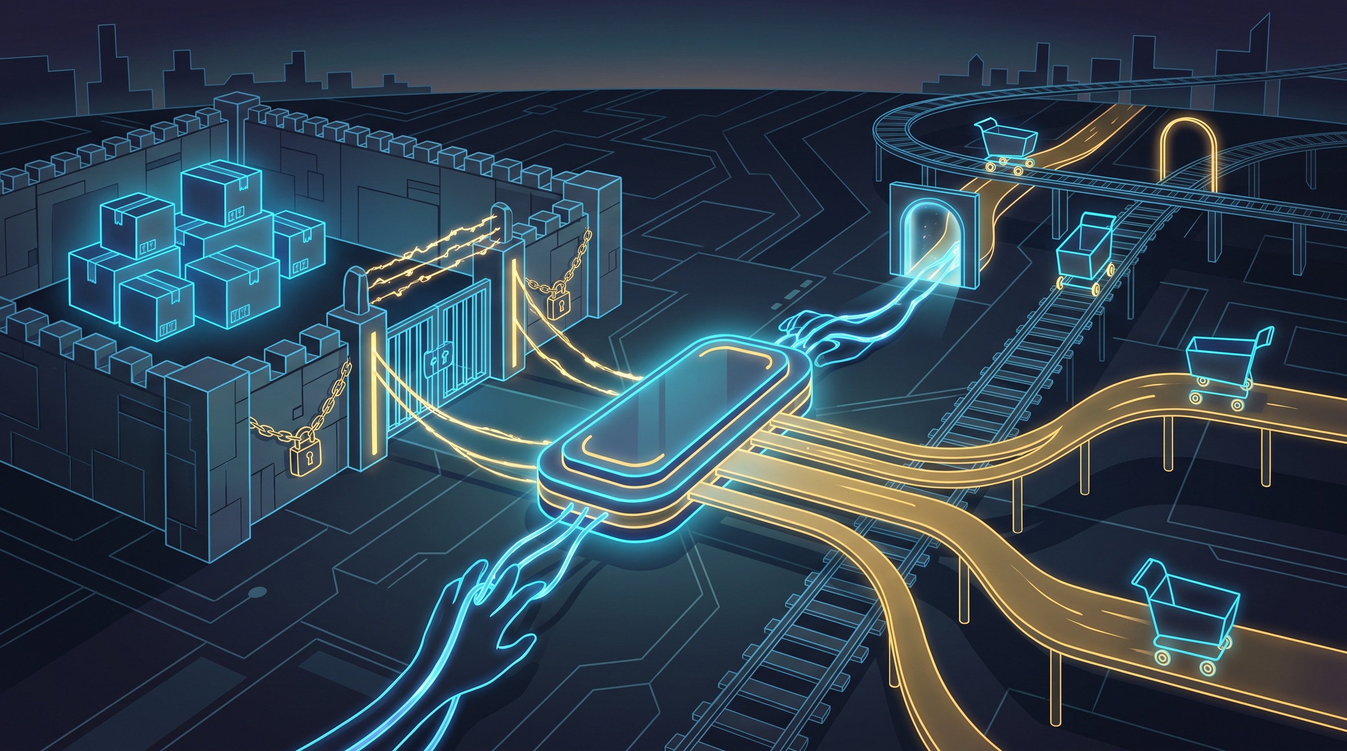 Editorial illustration of the agentic commerce land grab — a walled garden versus open commerce rails competing over a glowing checkout button