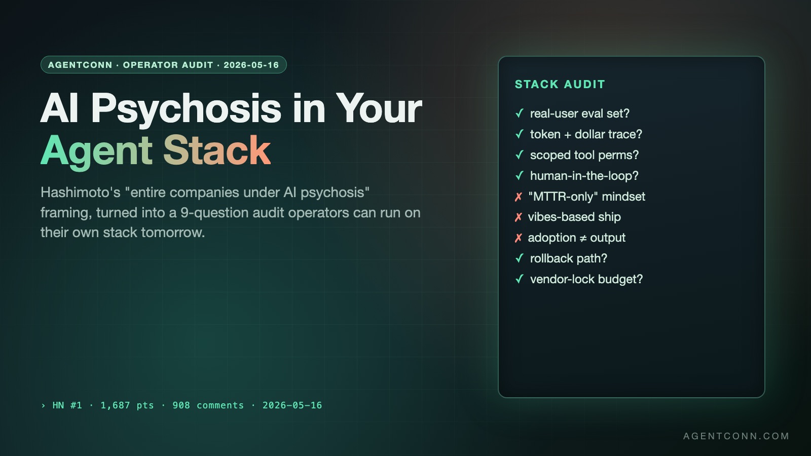 AI Psychosis in Your Agent Stack — a clipboard with a 9-question stack audit checklist, half ticks and half crosses, against a deep teal data-center grid background