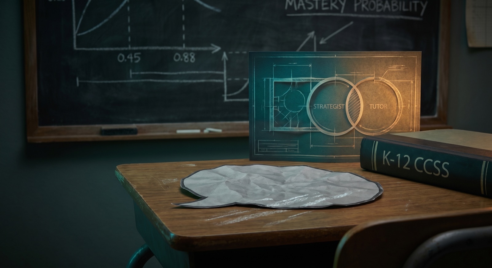 Editorial illustration of an abandoned chatbot speech bubble on a wooden classroom desk, with a translucent dual-agent Strategist plus Tutor architecture rising behind it, dark mode paper-studio aesthetic — the visual frame for the post-Khanmigo era of AI tutoring agents
