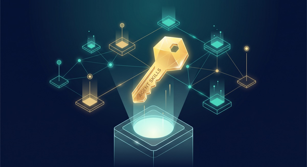 Agent Skills standard being donated to the Agentic AI Foundation — a visual metaphor of a key being placed into a foundation pedestal with interconnected platform nodes