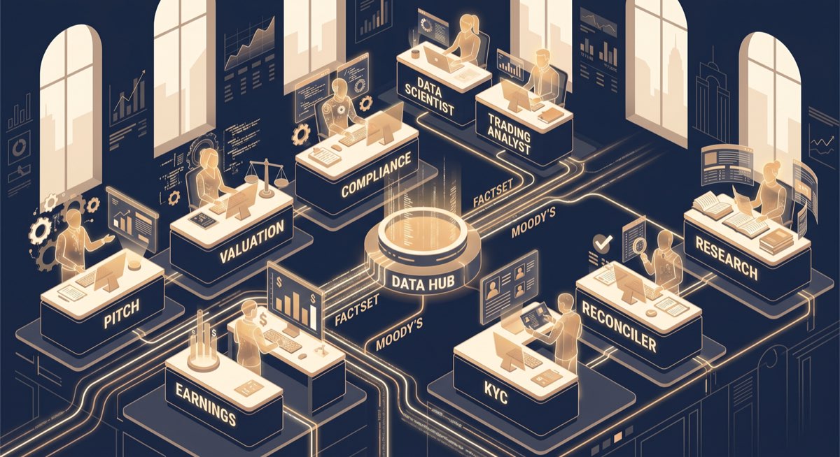 Ten Anthropic finance agent templates rendered as a Wall Street office floor — Pitch, Earnings, Valuation, KYC, Reconciler, Auditor, and more, each at a labeled desk wired into market-data feeds