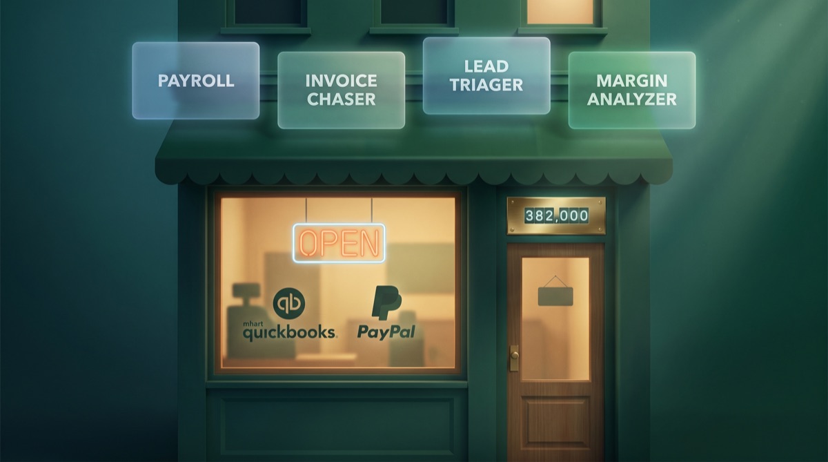 Editorial illustration in deep teal and emerald: a charming small storefront facade at twilight with four softly glowing skill cards labeled PAYROLL, INVOICE CHASER, LEAD TRIAGER, MARGIN ANALYZER hovering above the awning; a brass plate above the door shows a digital counter at 382,000; QuickBooks and PayPal logo silhouettes glow through the window