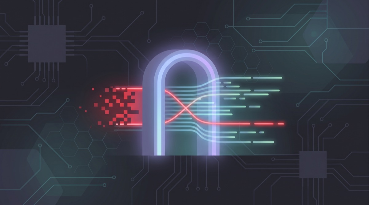 Quality gate scanner examining AI-generated code lines, filtering slop patterns with deterministic checks
