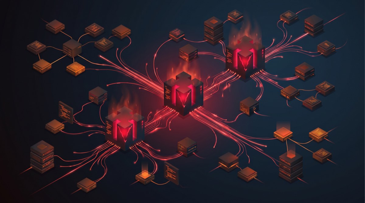 Autonomous AI agent nodes spreading across compromised infrastructure with red warning glow — visualization of real-world agent swarm attacks on package registries