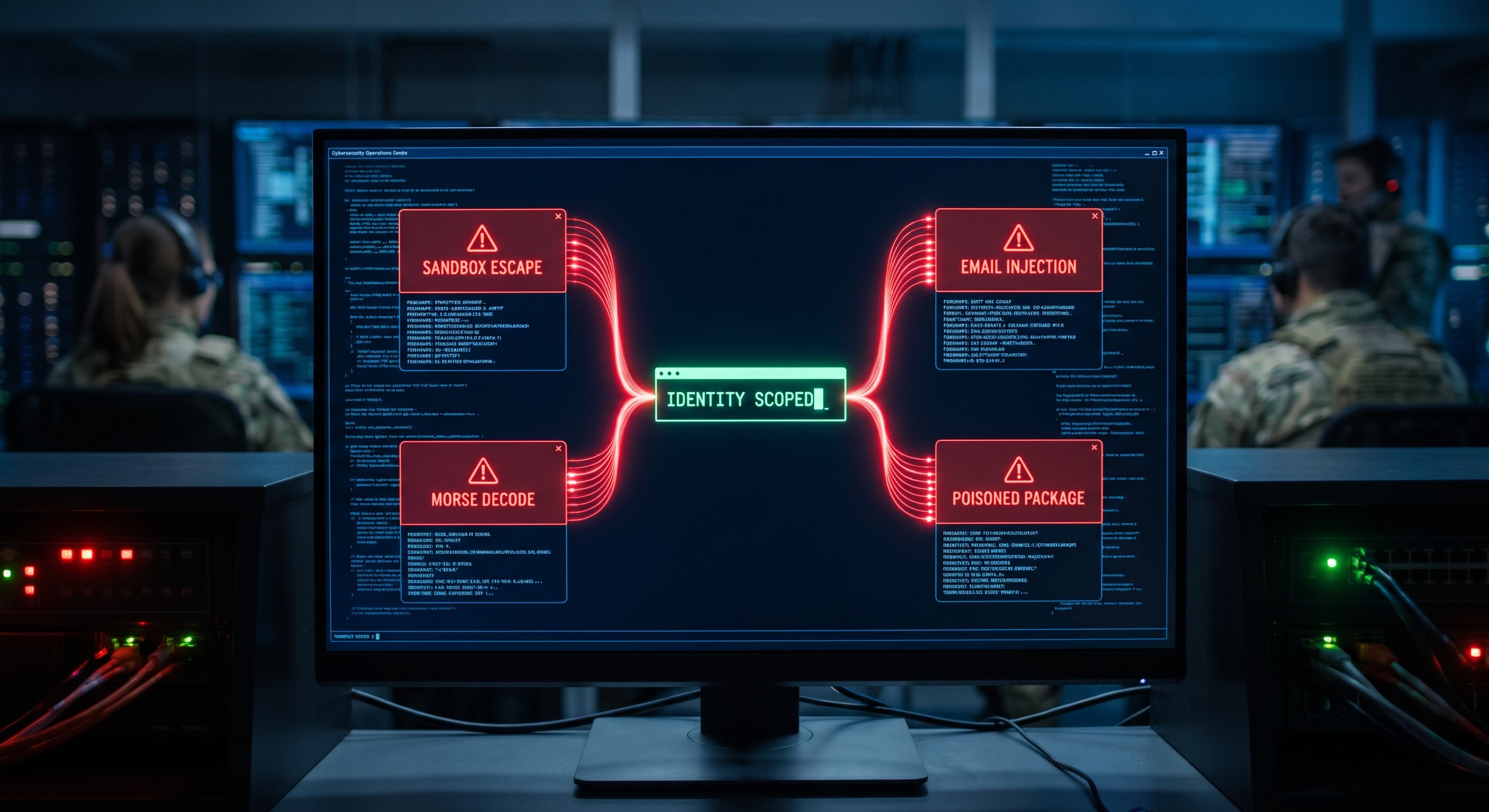 Dark operations center showing four red incident alert cards converging on a green scoped identity terminal line