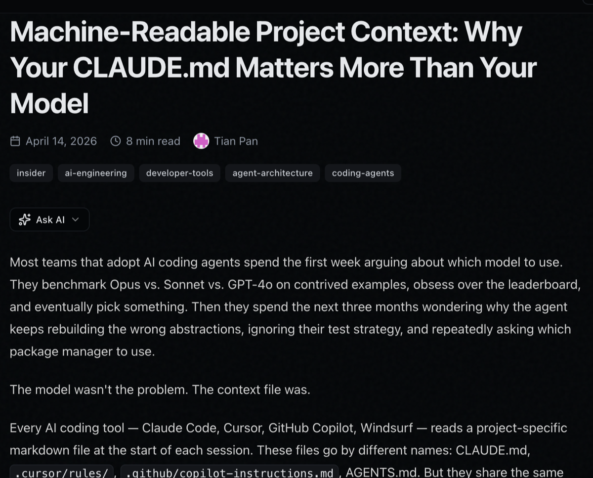 Blog post — Machine-Readable Project Context: Why Your CLAUDE.md Matters More Than Your Model, showing research findings that structured context files reduce agent runtime by 29 percent