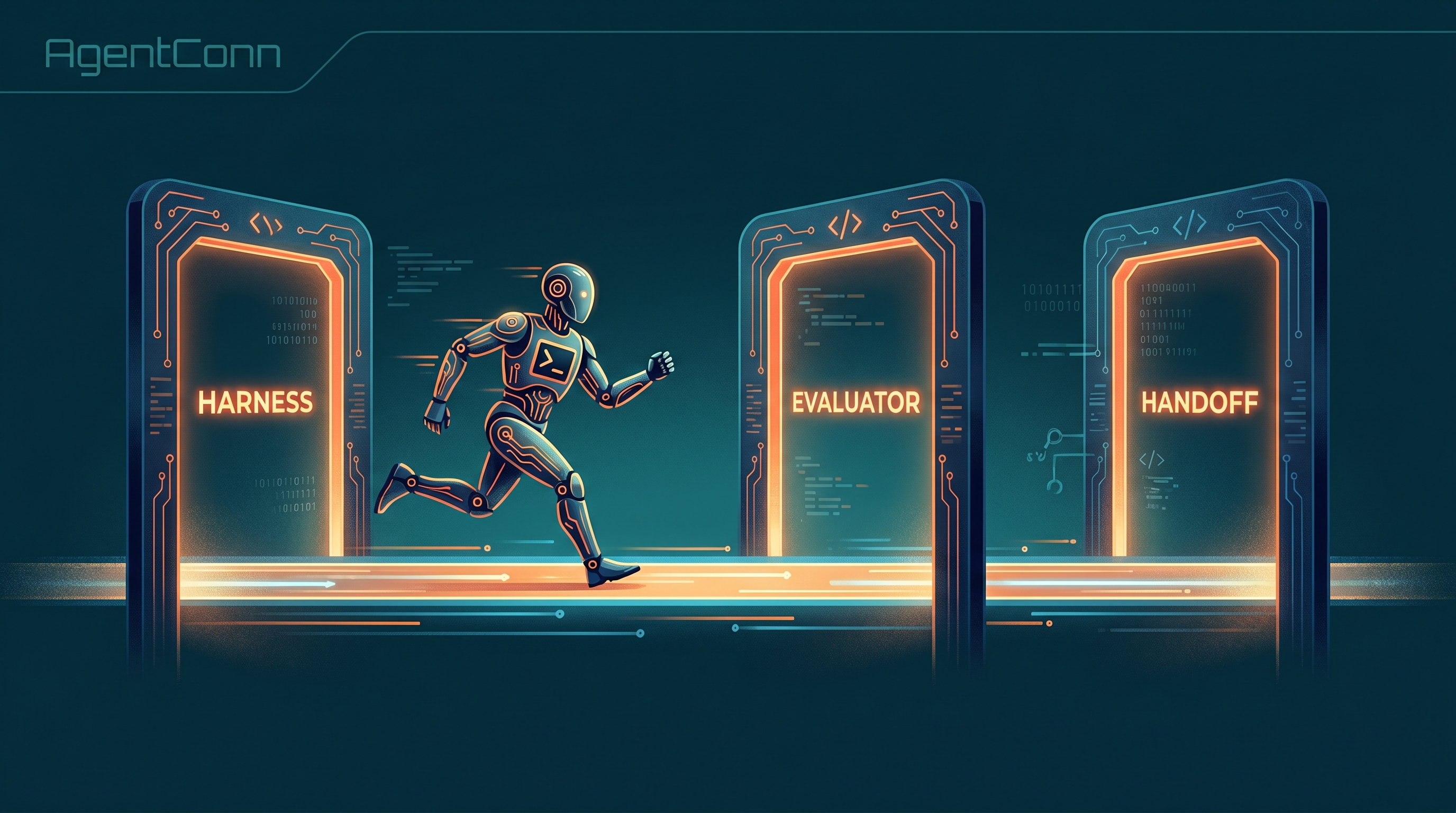 A long-running AI agent traversing three engineering checkpoints — harness, evaluator, handoff — on a wide horizon