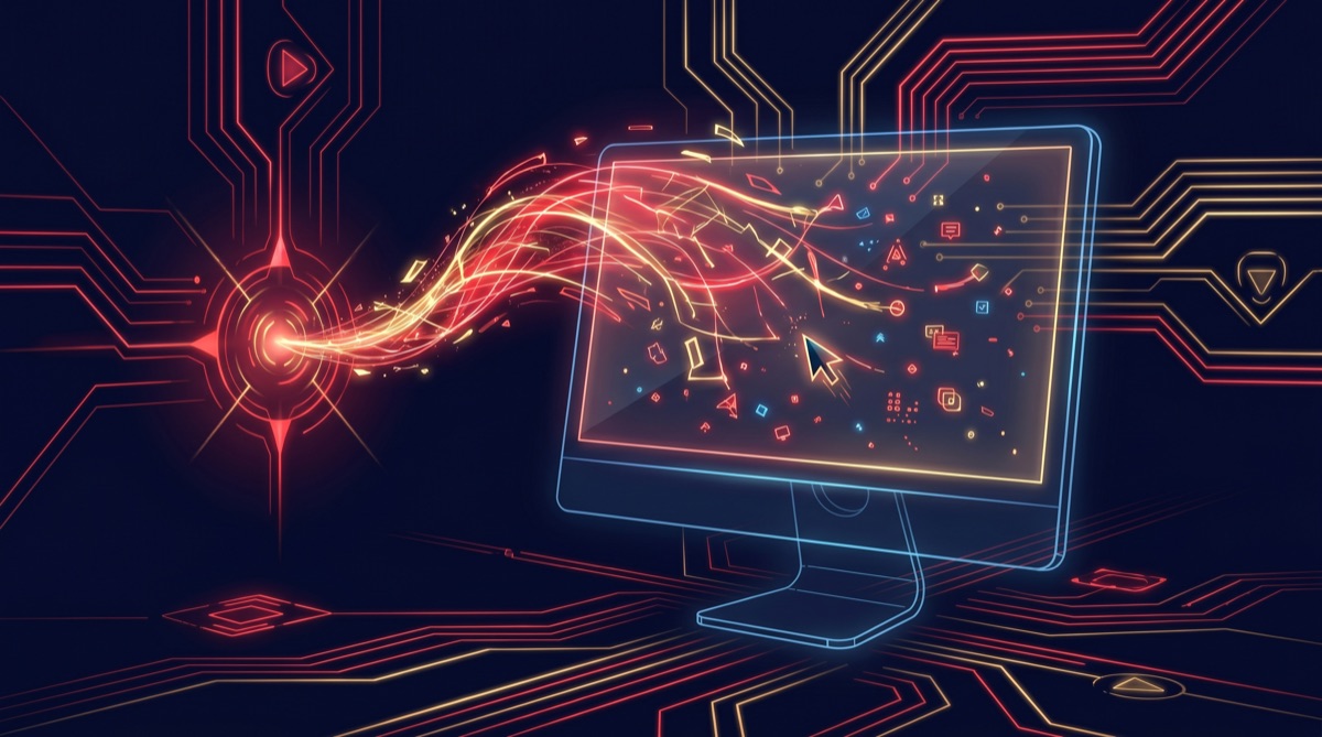 A desktop being controlled by a visual AI agent — UI-TARS-desktop seeing the screen, moving the cursor, typing into a form. Editorial illustration in red and gold tones suggesting a Chinese open-source AI release.