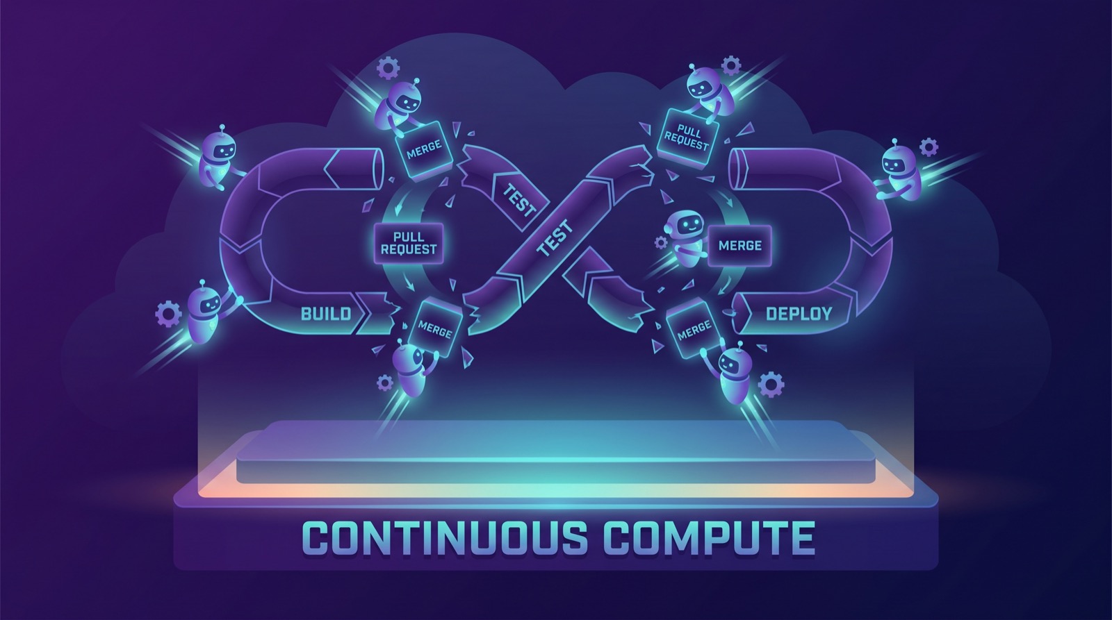 Editorial illustration — a CI/CD pipeline diagram cracking apart under the load of thousands of cartoon agents pushing PRs simultaneously, with a new horizontal layer labeled CONTINUOUS COMPUTE forming underneath, May 2026
