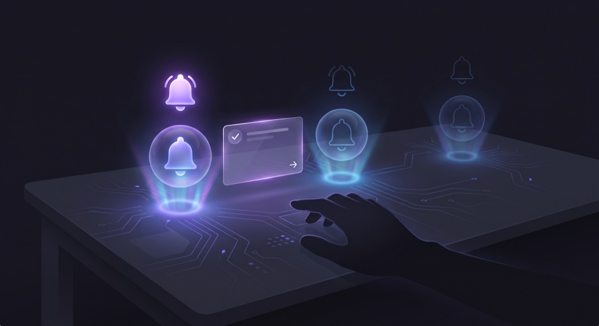 Three AI agent icons with notification bells — one lit, two quiet — representing the interruption budget concept in always-on agent design