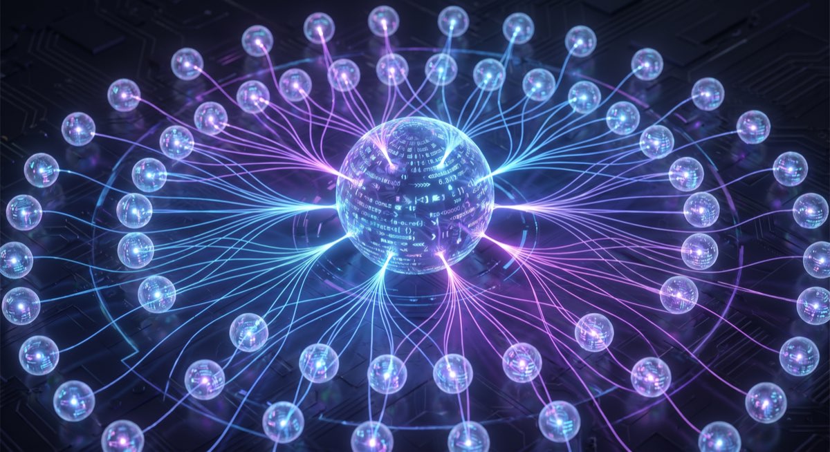 Abstract visualization of a central orchestrator node writing JavaScript code while dozens of luminous agent nodes fan out in parallel phases of execution — representing Claude dynamic workflows architecture