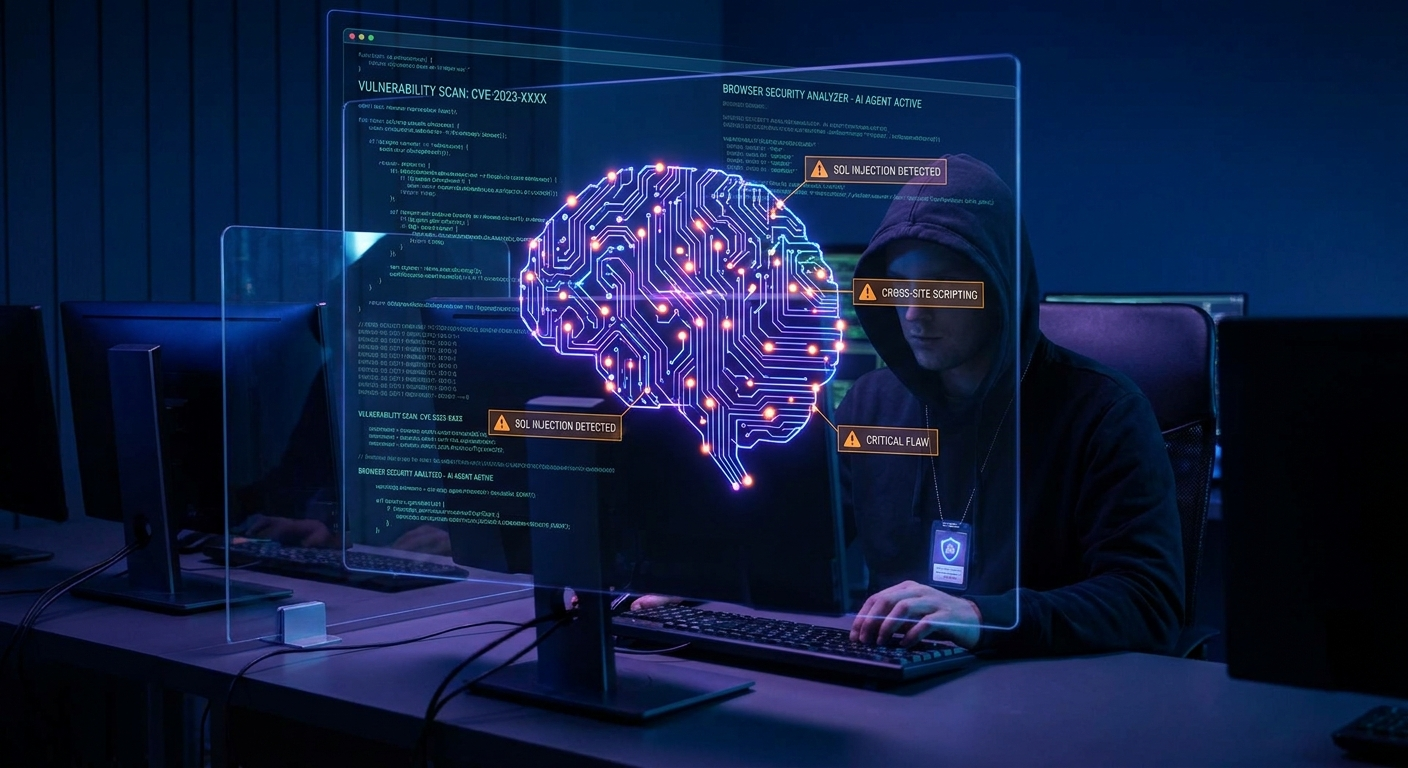 Claude Mythos AI security agent — dark cybersecurity visualization of neural network scanning code for vulnerabilities