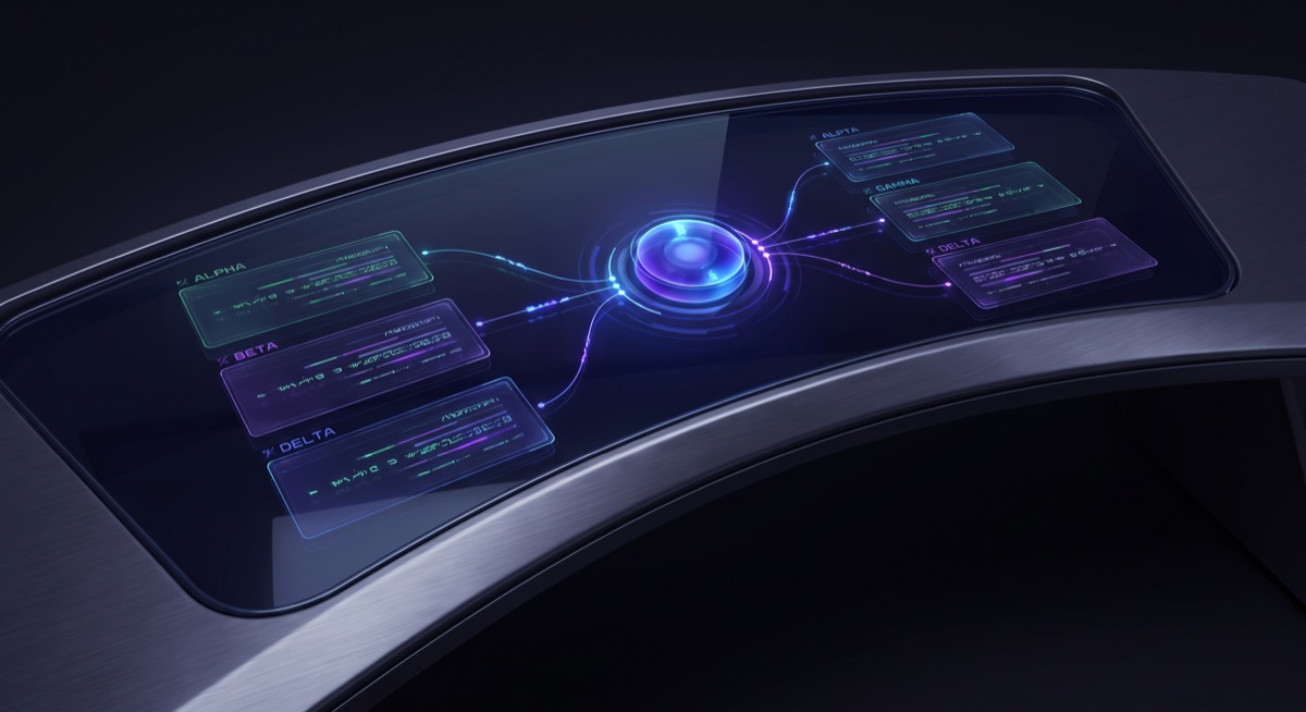 Futuristic coordinator dashboard with parallel coding threads branching from a central node