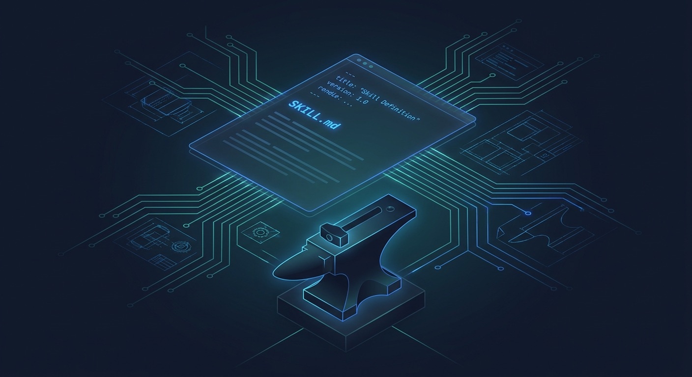 Editorial illustration of a glowing SKILL.md document on a forge anvil with blueprint circuit lines radiating outward, representing agent skill architecture
