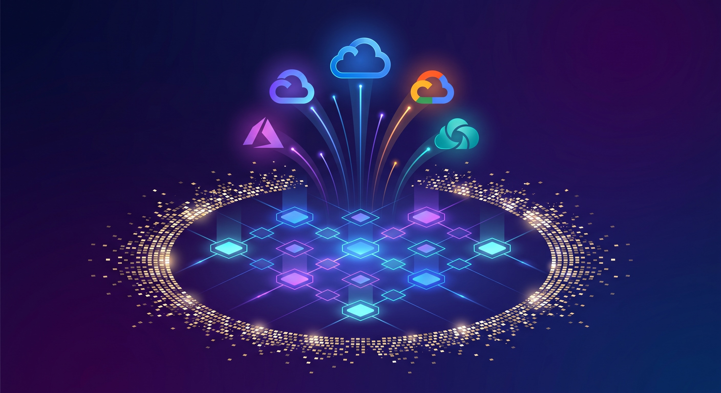 Abstract digital illustration of cloud provider infrastructure converging into a unified Kubernetes-style grid, with the protective moat dissolving into light particles against a dark blue-purple gradient background