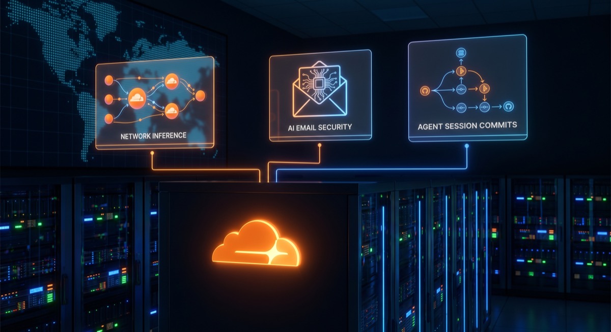Cloudflare edge data center with three floating agent tool cards — AI Platform, Email for Agents, Artifacts/Git — interconnected by orange network lines