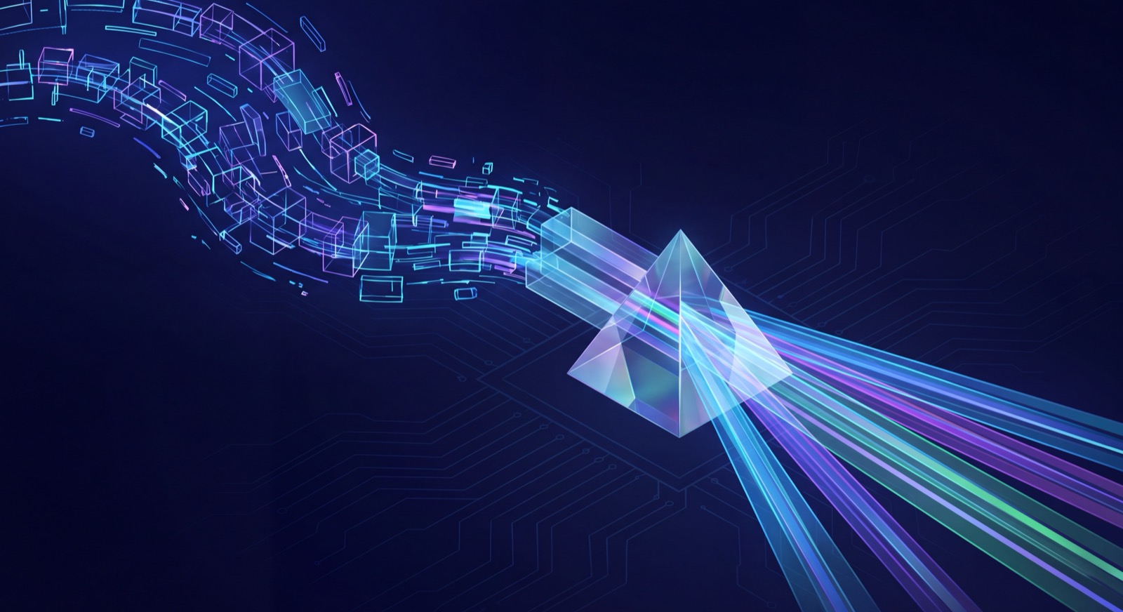 Abstract visualization of code transforming into light beams through a prism — code as intermediate representation