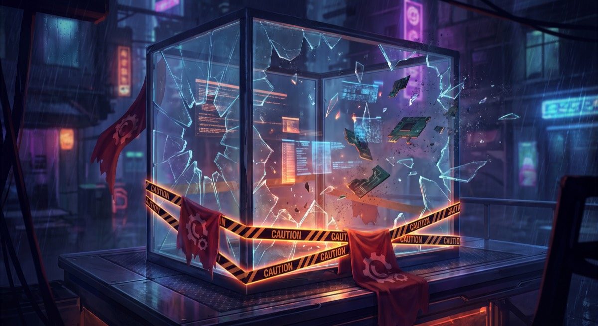 Broken sandbox visualization — agent code execution escaping containment, warning flags around shattered isolation boundary