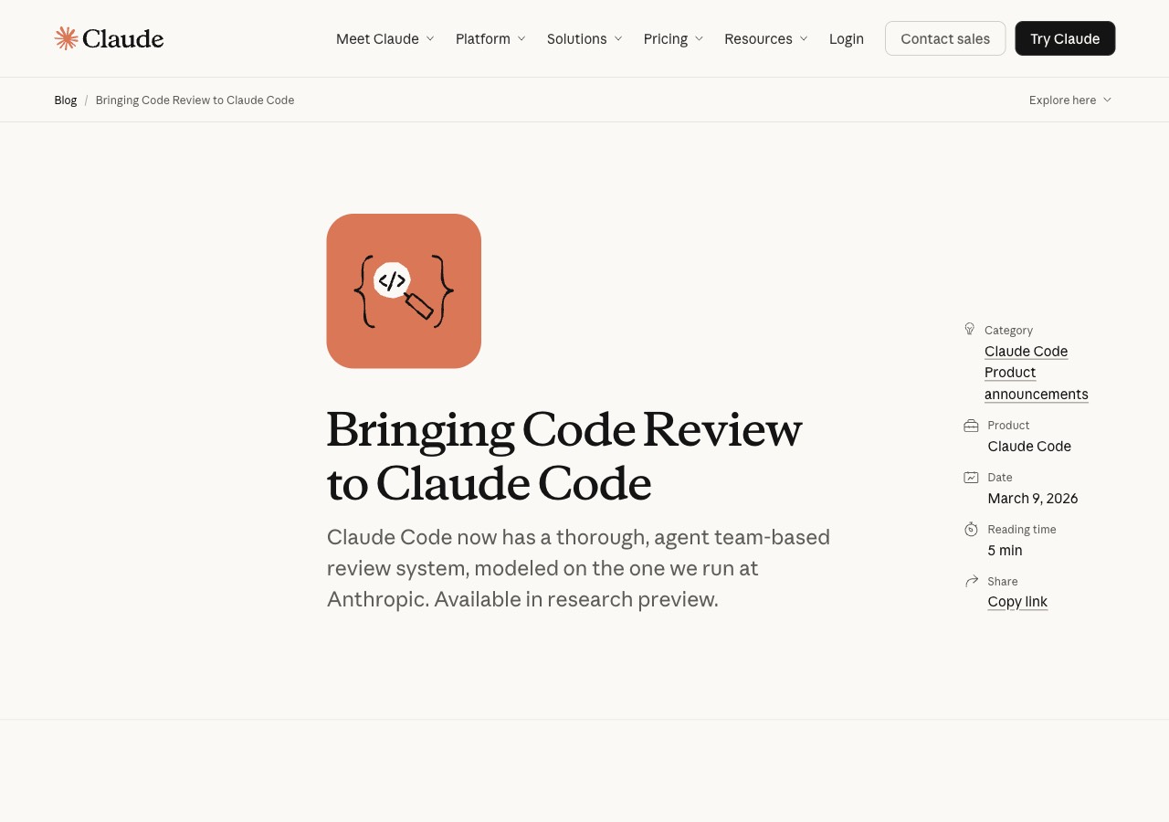 Anthropic's Claude Code Review launch page — context for the May 2026 Codex-vs-Claude-Code narrative shift on AI-generated pull requests