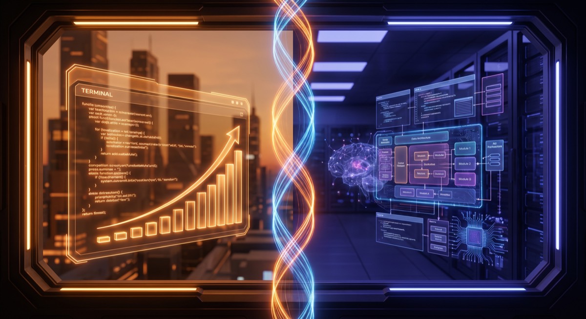 Split-screen visualization of the Codex vs Claude Code coding agent competition — growth charts and architecture diagrams representing the two approaches