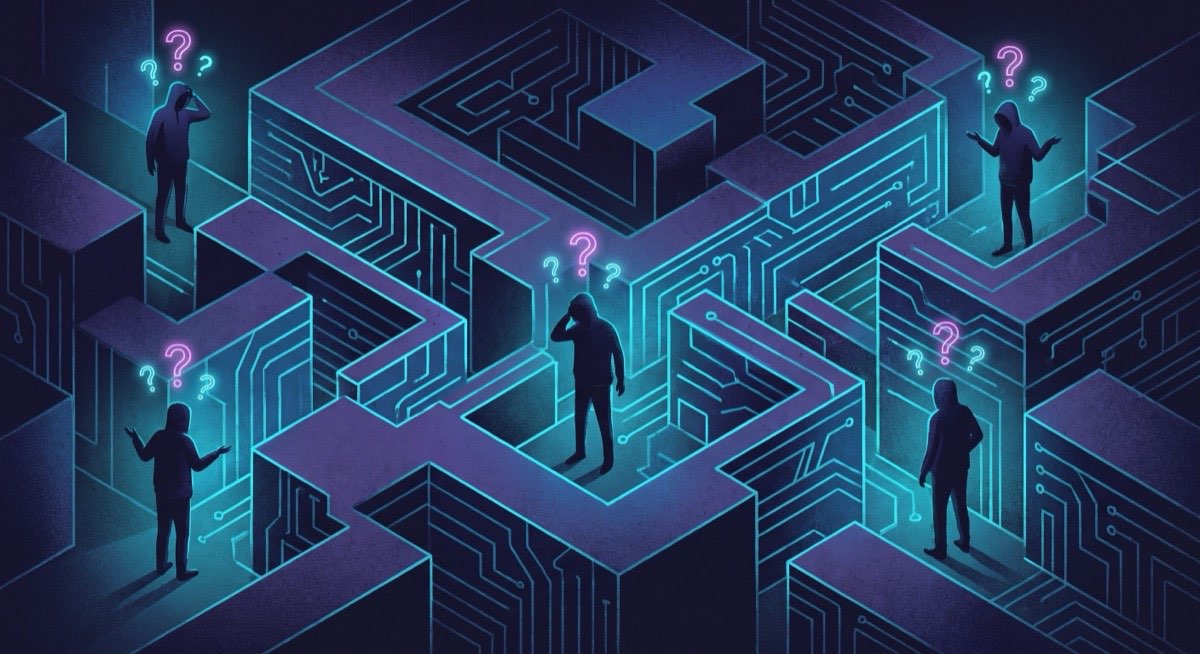 Editorial illustration — a glowing digital maze of code blocks with question marks and developer silhouettes at dead ends, dark theme, September 2026
