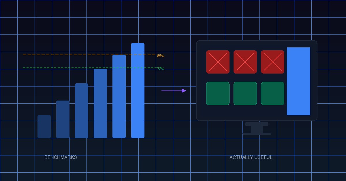 Split illustration showing benchmark charts ascending on the left and an AI agent cleaning a TV screen on the right — representing the shift from benchmark performance to practical utility