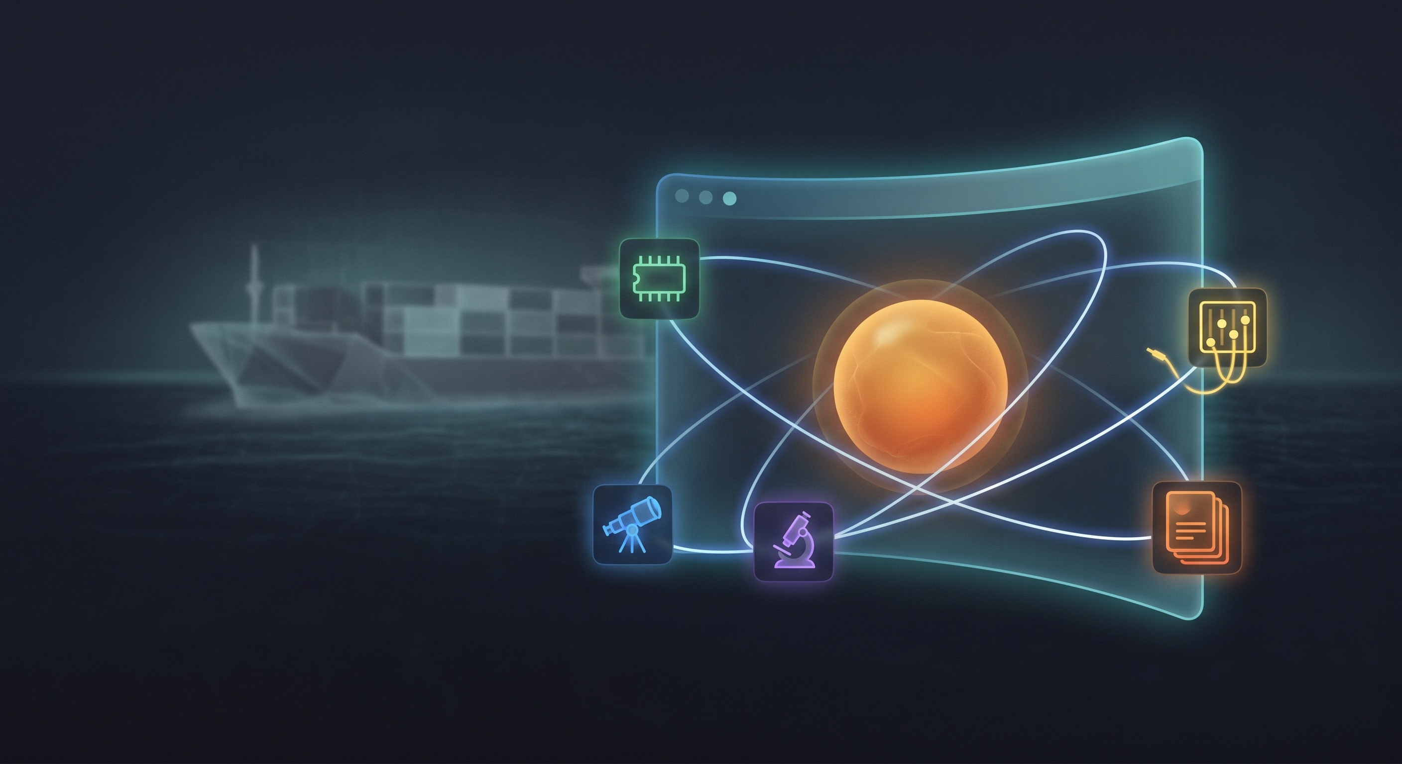 Editorial illustration of a glowing terminal-window 'shell' wrapping an engine core, with smaller satellite tools — a memory chip, a telescope, a microscope, a switchboard — being pulled inward, faint container ship in background, dark mode with teal accents