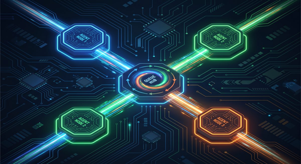 Three glowing agent nodes connected by data streams through a central queue hub — cross-vendor agent orchestration visualized