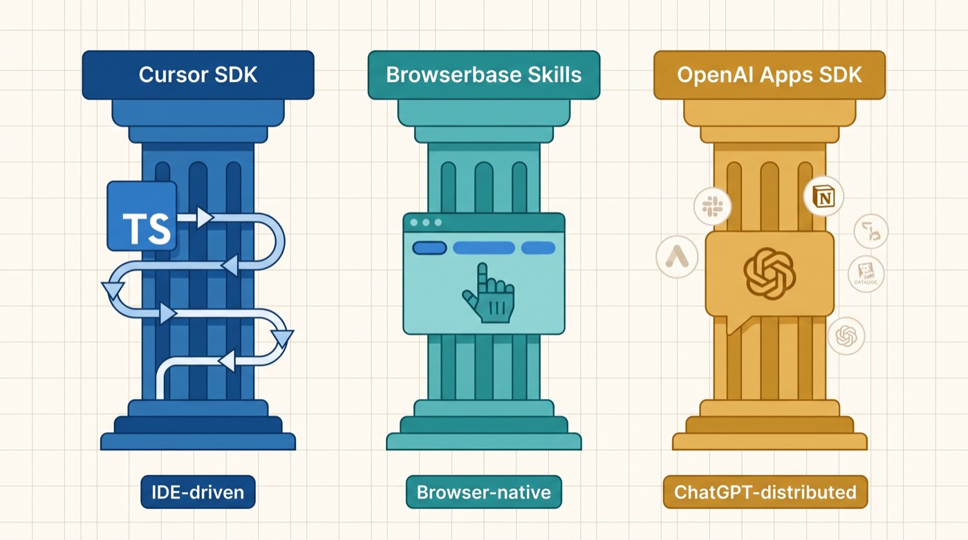 Three harness substrates: Cursor SDK, Browserbase Skills, OpenAI Apps SDK