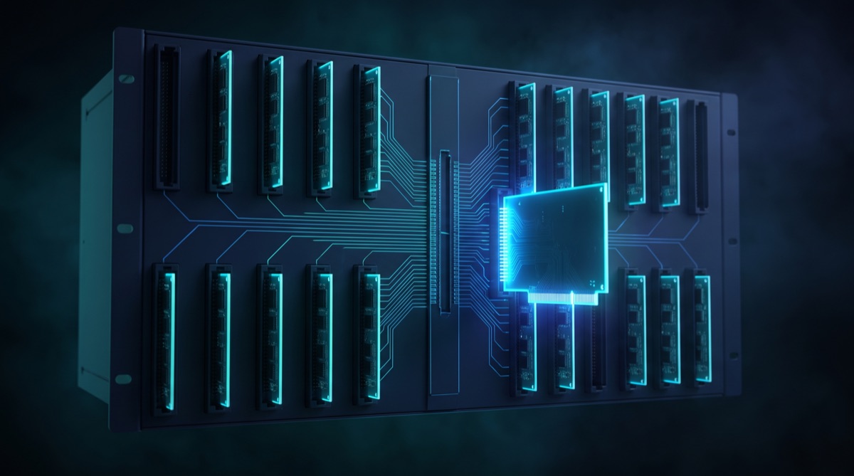A modular backplane chassis with a dozen removable circuit cards, one pulled halfway out and glowing at its connector edge