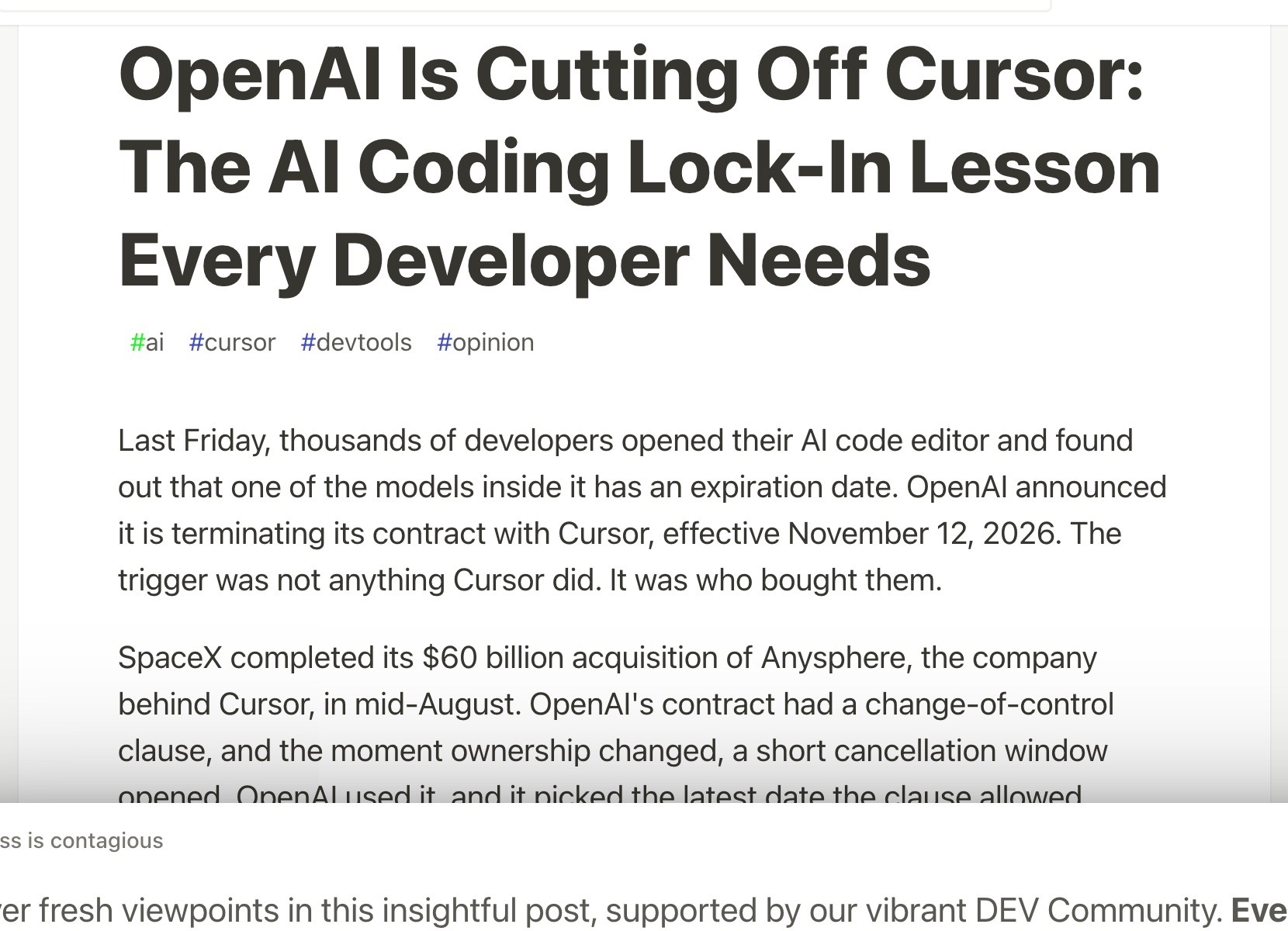 Dev.to article — OpenAI Is Cutting Off Cursor: The AI Coding Lock-In Lesson Every Developer Needs