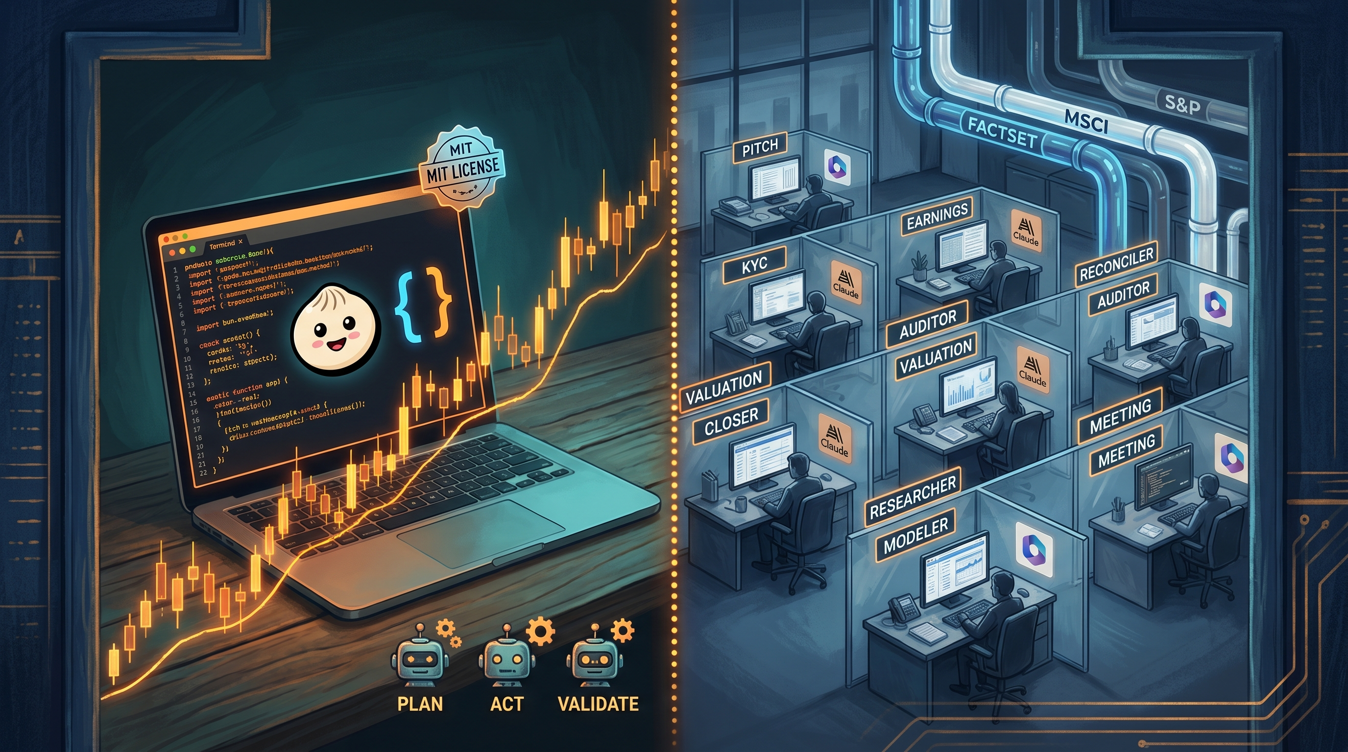 Split-screen illustration: a single open-source TypeScript laptop running Dexter's plan/act/validate loop on the left versus a ten-desk enterprise floor running Anthropic's finance agent templates wired into FactSet, MSCI, S&P, and Microsoft 365 on the right — divided by a glowing dotted line labeled self-host vs managed