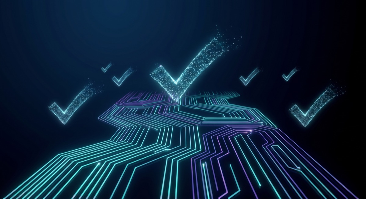 Abstract dark tech illustration of a geometric finish line with glowing circuit traces and verification checkmarks