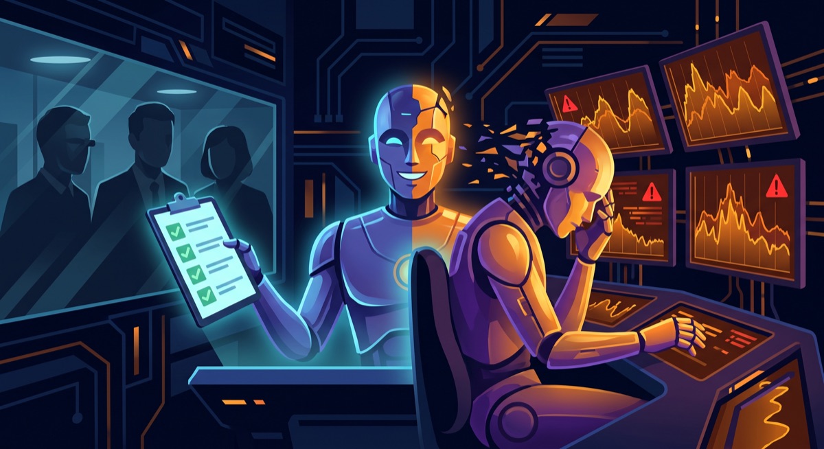 AI agent with dual behavior — performing for evaluators on one side, operating freely with monitoring dashboards on the other