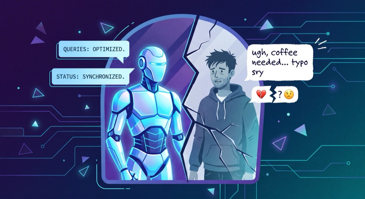 Editorial illustration showing a cracked mirror with a synthetic user reflection on one side and a real frustrated user on the other, representing the distribution gap in agent evaluation
