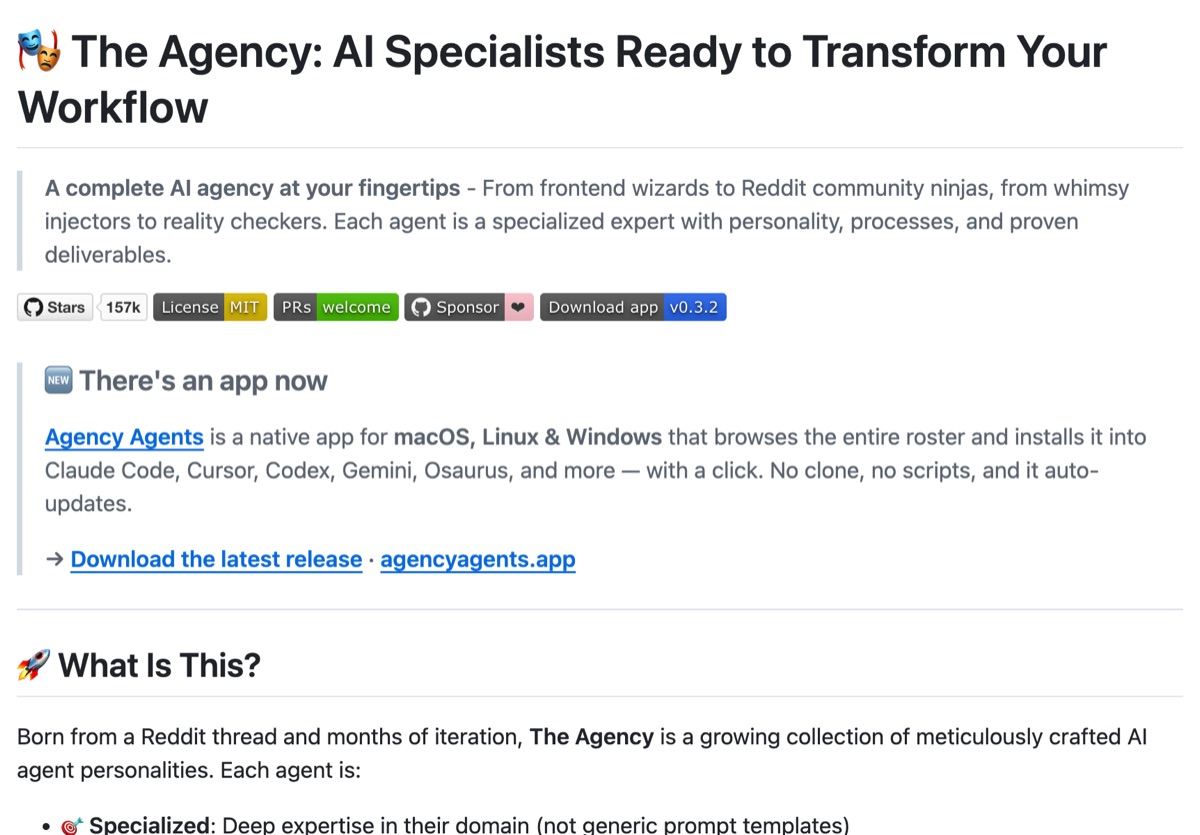 agency-agents GitHub repo page — 157K stars, curated AI agent persona templates for Claude Code, Cursor, and every major harness