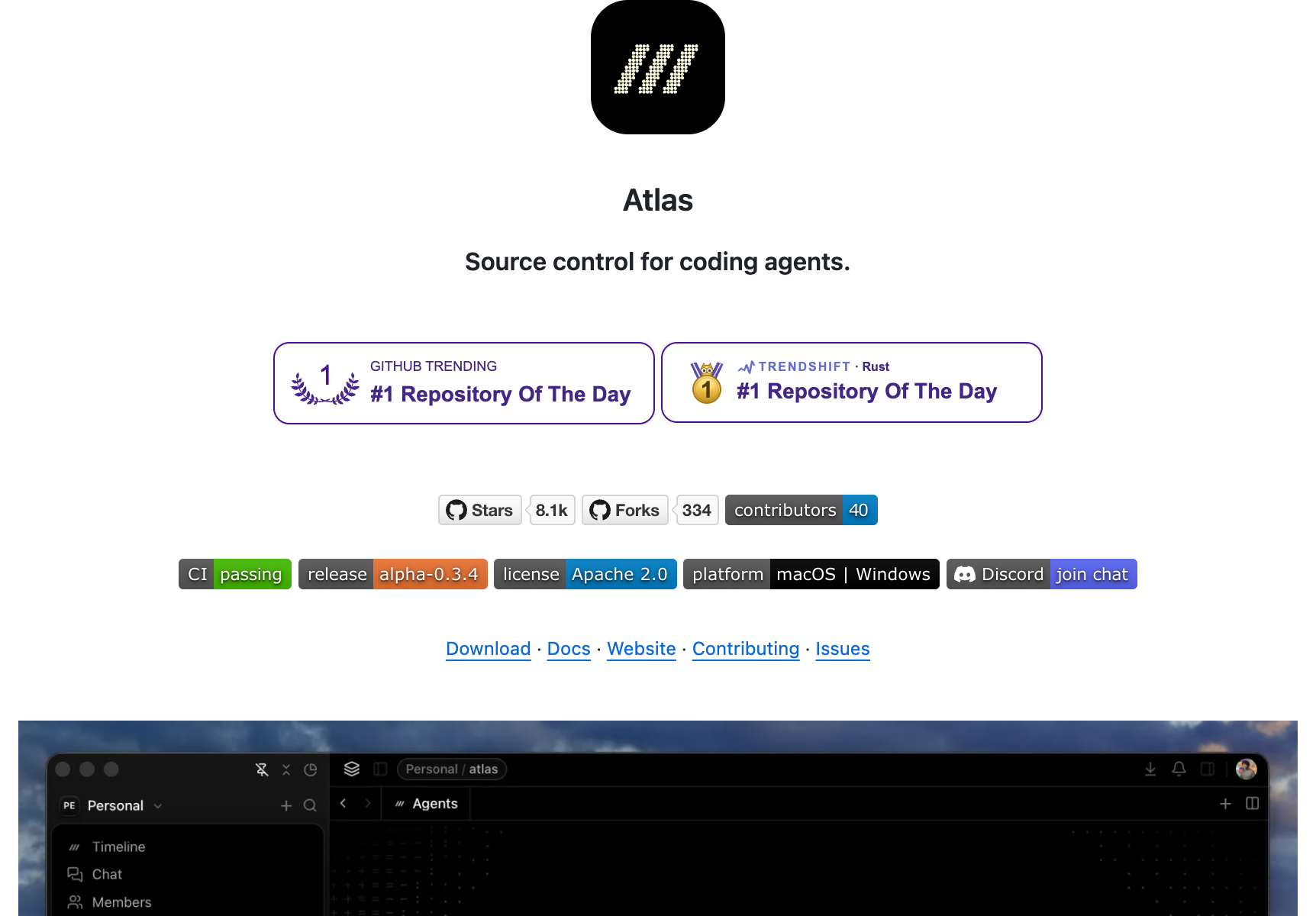 pacifio/atlas GitHub repository — Source control for agents, 8.1k stars, 334 forks