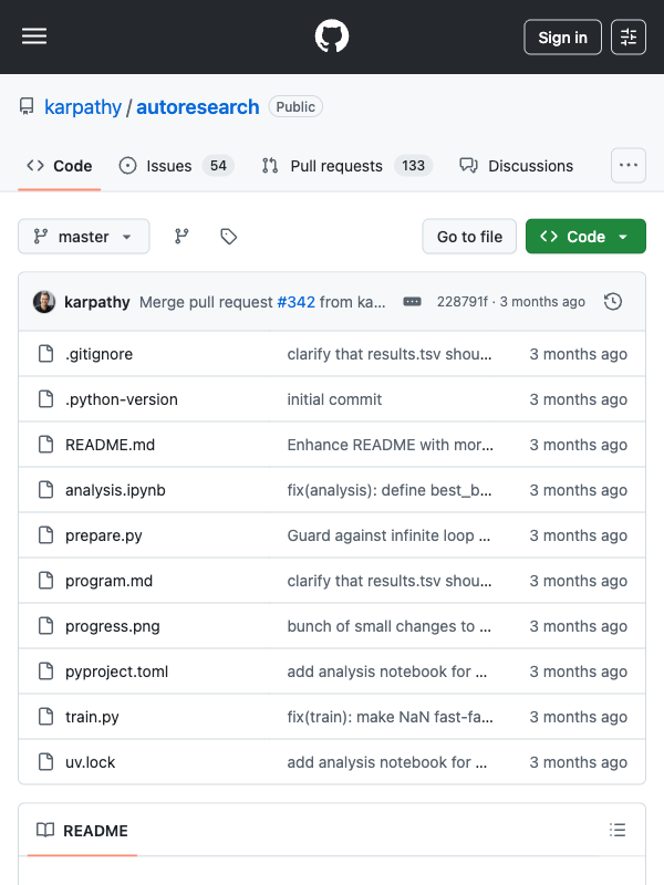 karpathy/autoresearch GitHub repository — 21,000+ stars, automated ML research loop