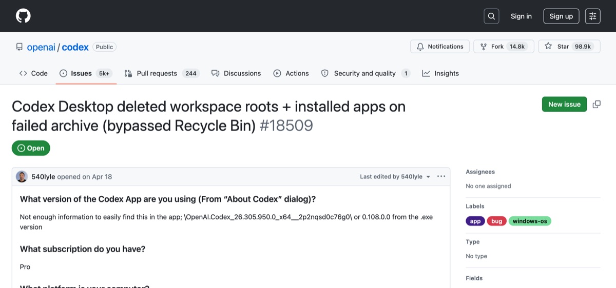 GitHub Issue #18509 — Codex Desktop deleted workspace roots and installed apps on failed archive, bypassed Recycle Bin