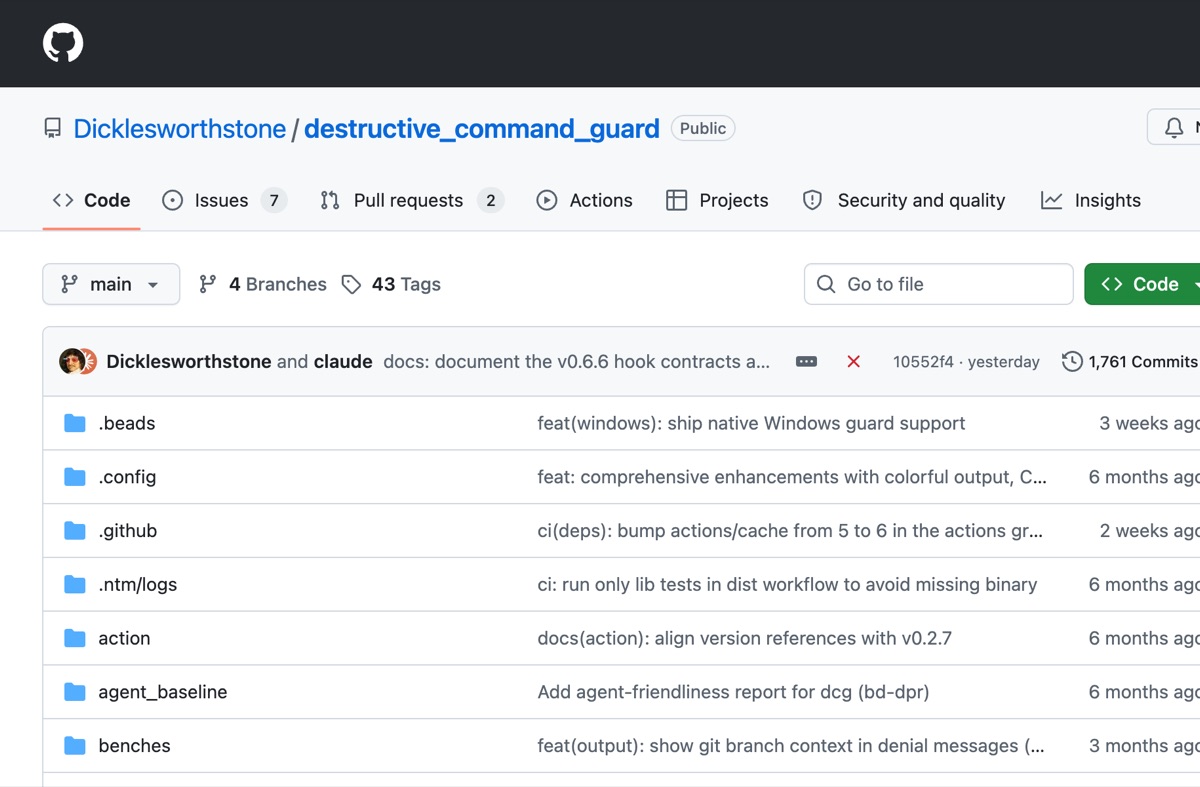 destructive_command_guard GitHub repository — Block dangerous git and shell commands from being executed by AI agents, 2623 stars